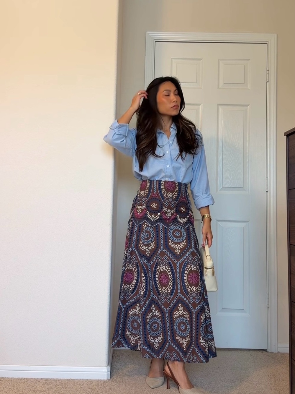 Embroidered eyelet midi skirt